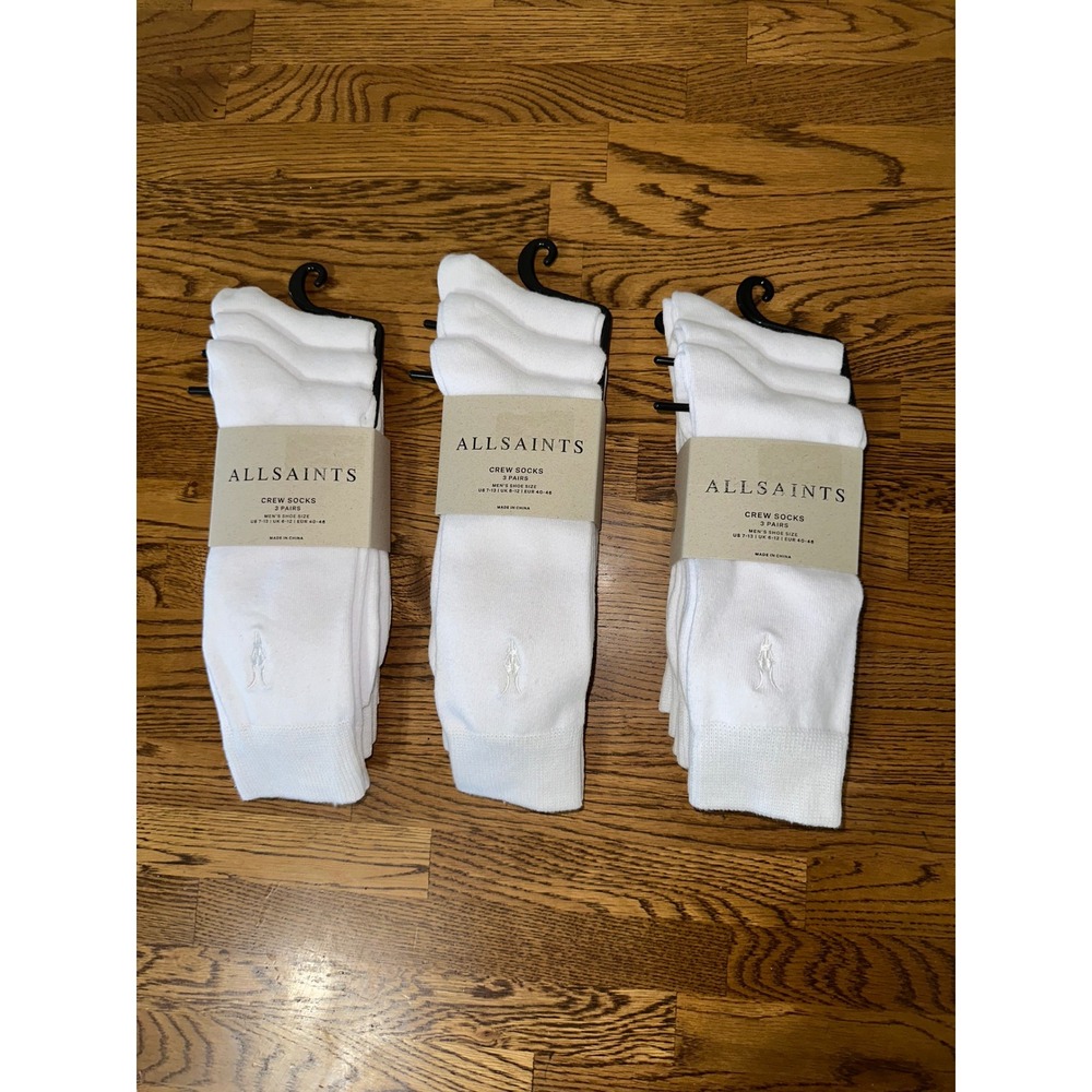AllSaints Mens 9 Pairs White Crew Socks Ramskull Logo Cotton New